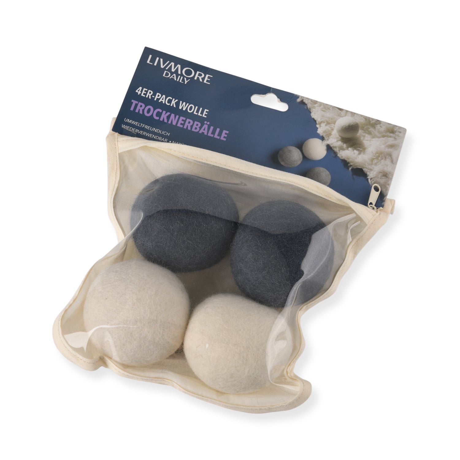 LIVMORE Trocknerbälle aus Wollfilz zur Wäschepflege, 4er Set, Grau Weiß