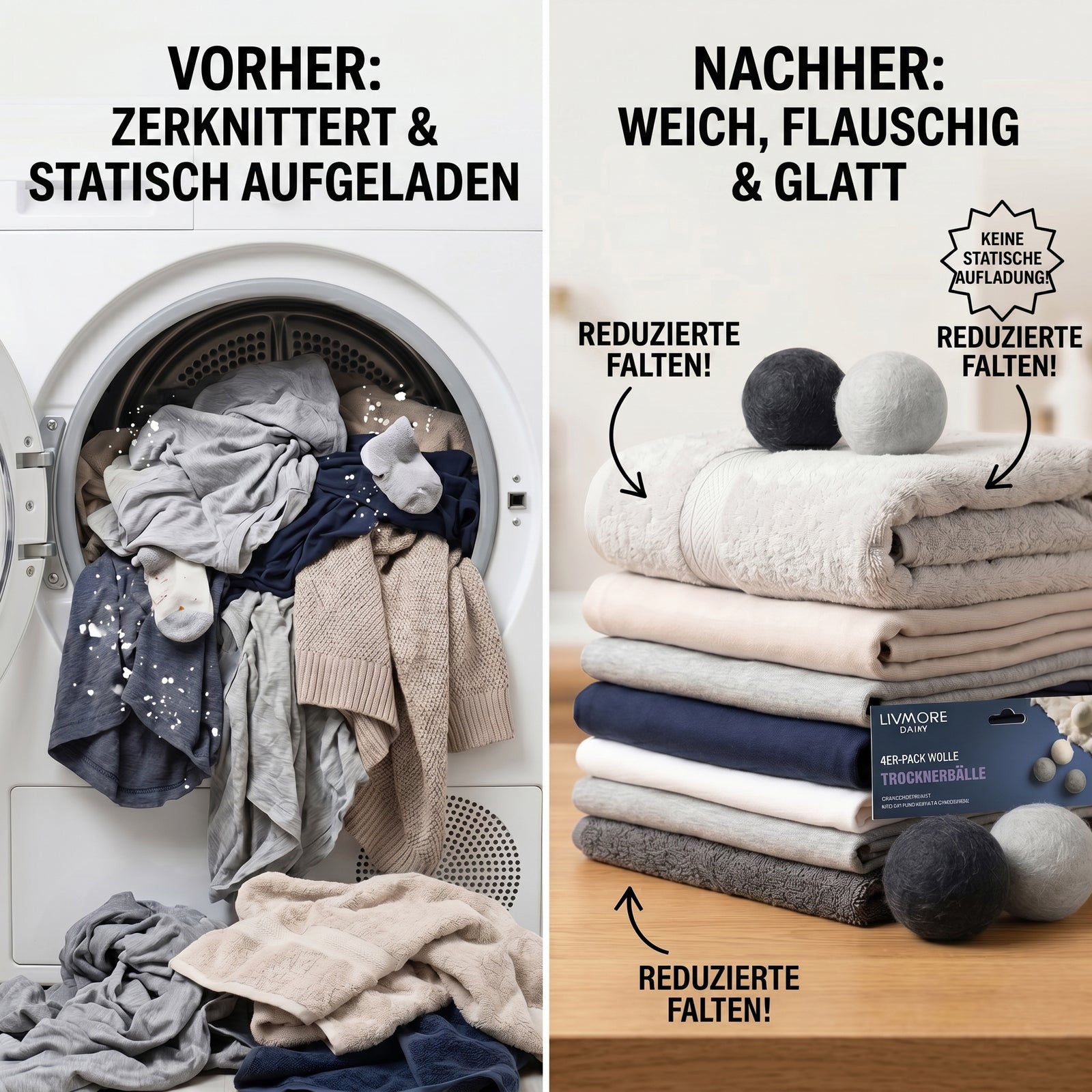 LIVMORE Trocknerbälle aus Wollfilz zur Wäschepflege, 4er Set, Grau Weiß