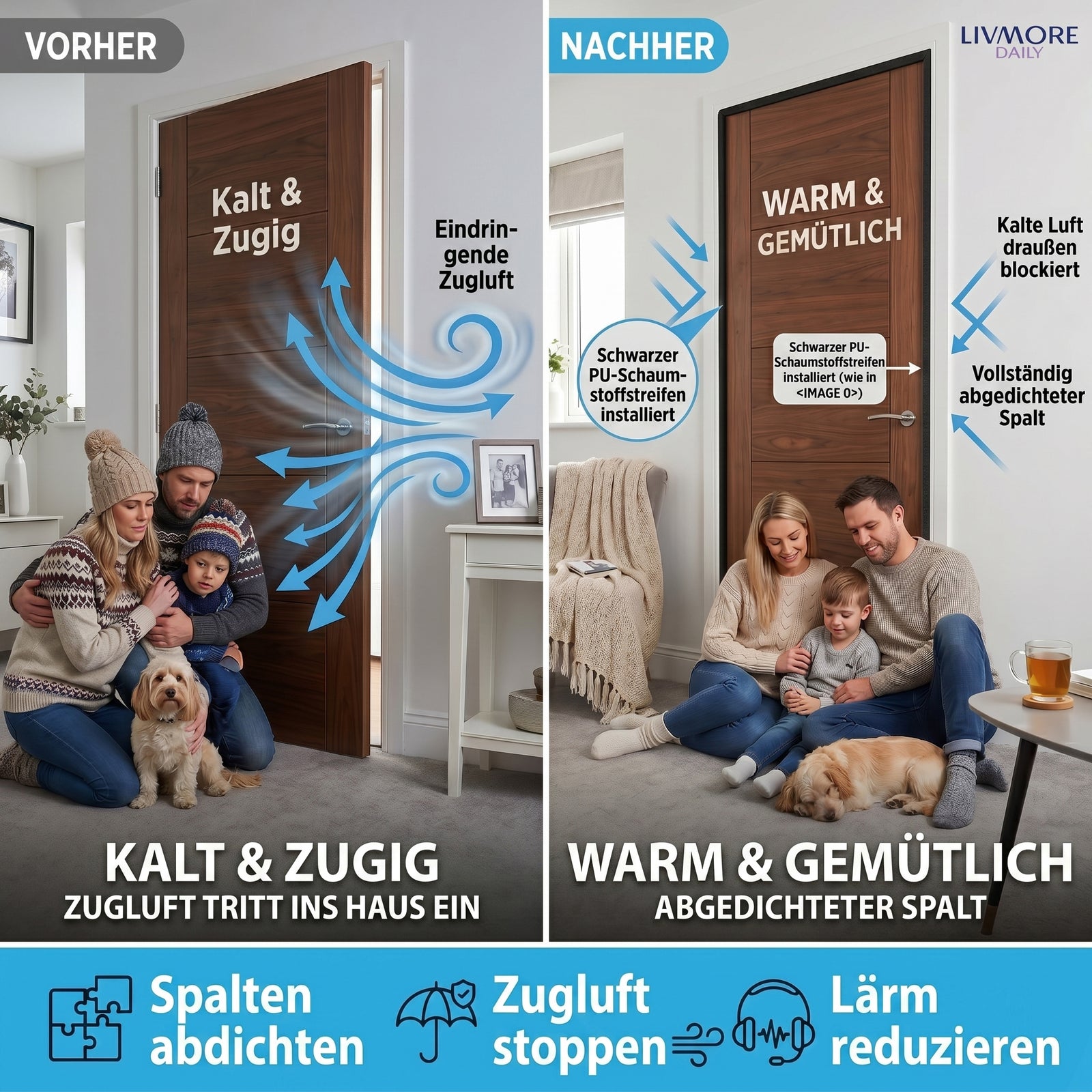 LIVMORE Schallschutz und Zugluftstopper aus PU Schaum, 4er Set, Schwarz