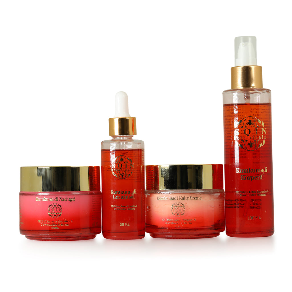 SQIN Botanicals Kumkumadi Kollektion mit Körperöl (100ml), Gesichtsöl (50ml), Cold Cream (100ml), und Nachtgel (100ml)