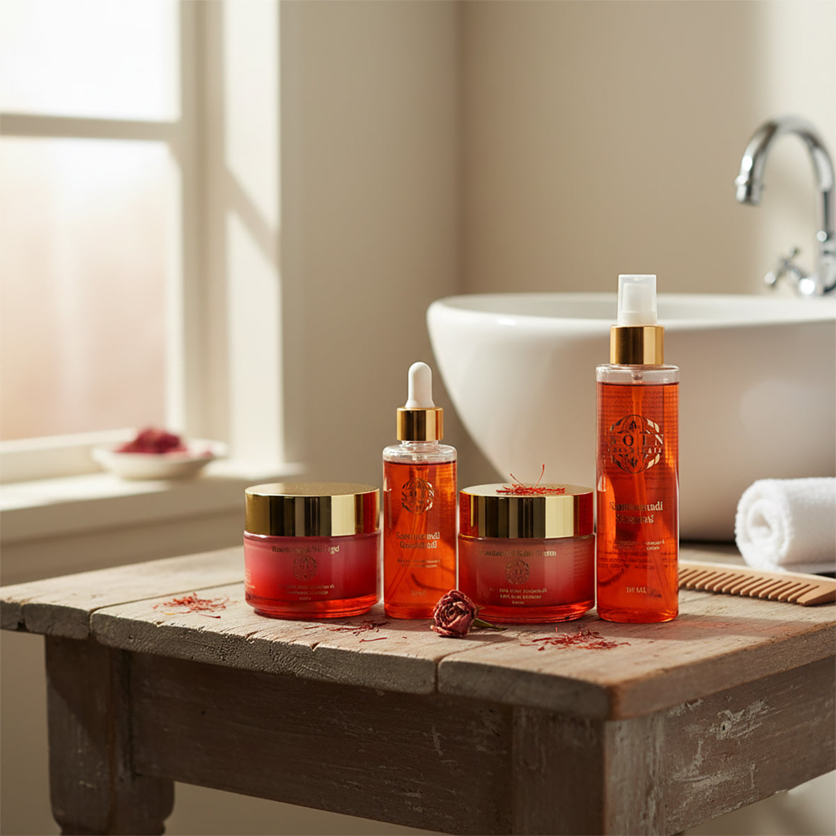 SQIN Botanicals Kumkumadi Kollektion mit Körperöl (100ml), Gesichtsöl (50ml), Cold Cream (100ml), und Nachtgel (100ml)