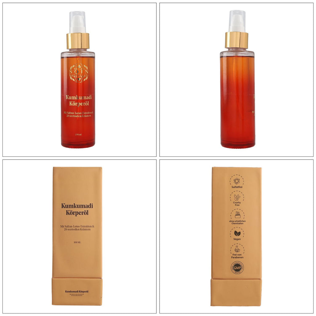 SQIN Botanicals Kumkumadi Kollektion mit Körperöl (100ml), Gesichtsöl (50ml), Cold Cream (100ml), und Nachtgel (100ml)