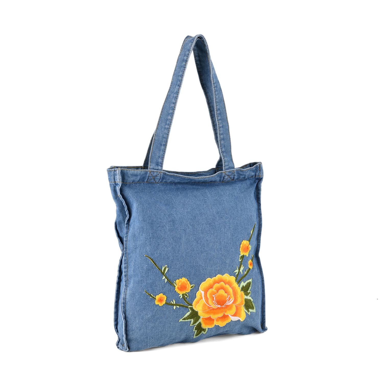 "Profile: Tote bag Life style Color:blue with yellow rose embroidery wall(exterior):Polyester+Cotton Lining(interior): Polyester+Cotton Pockets(exterior):zipped-1 Pockets(interior):Pocket-1 SIZE:33*35*5cm"