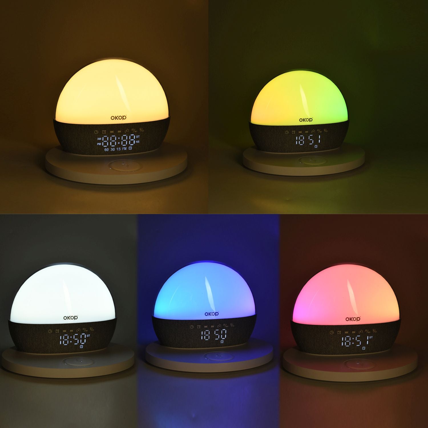 Audio Gerät mit Bluetooth und LED Ambient Licht, 24 White Noise Sounds, Wecker mit Sonnenaufgang und Sonnenuntergang, FM Radio, kabelloses Laden 15W, USB TF Funktion, 10 m Reichweite