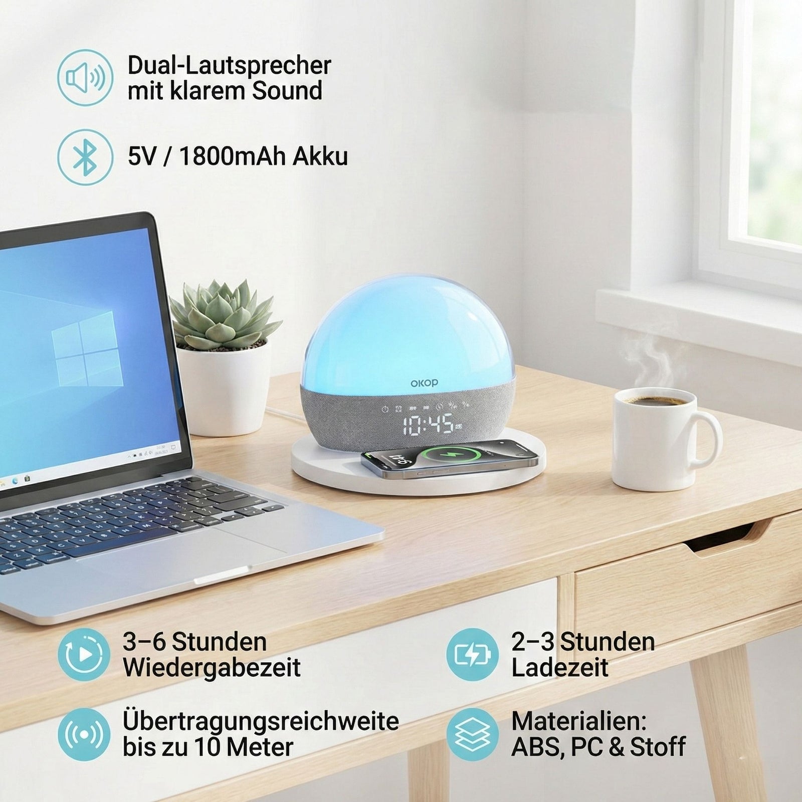Audio Gerät mit Bluetooth und LED Ambient Licht, 24 White Noise Sounds, Wecker mit Sonnenaufgang und Sonnenuntergang, FM Radio, kabelloses Laden 15W, USB TF Funktion, 10 m Reichweite