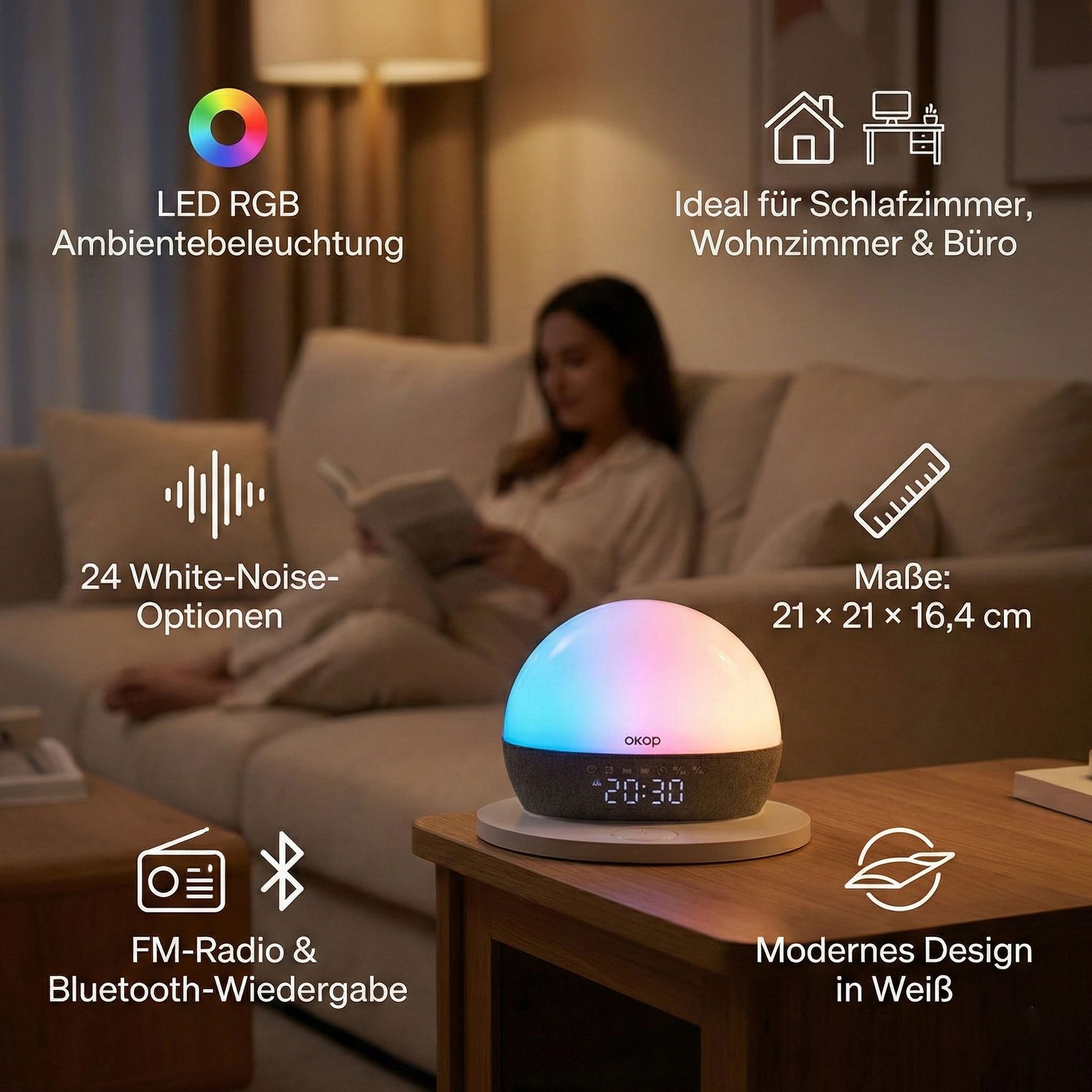 Audio Gerät mit Bluetooth und LED Ambient Licht, 24 White Noise Sounds, Wecker mit Sonnenaufgang und Sonnenuntergang, FM Radio, kabelloses Laden 15W, USB TF Funktion, 10 m Reichweite