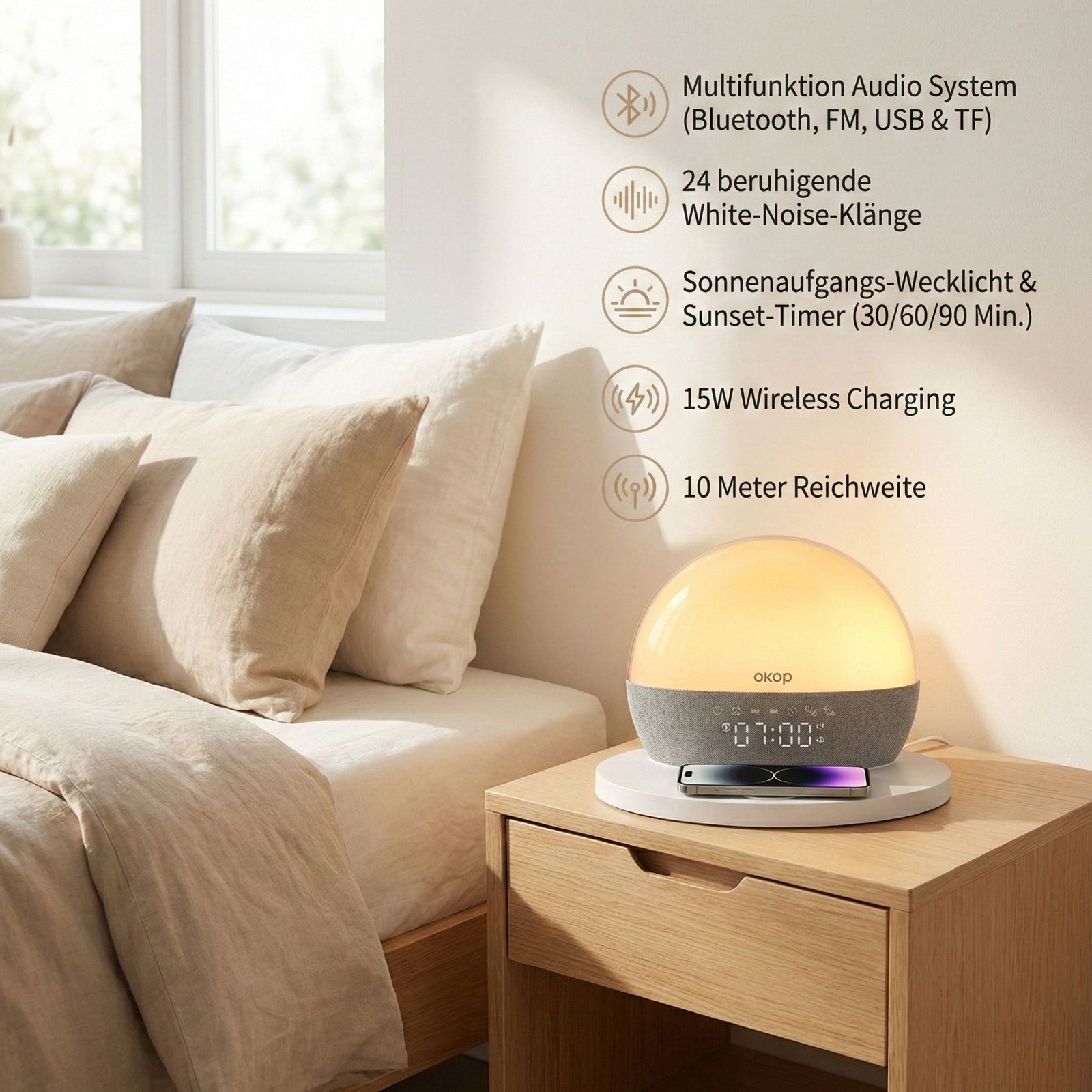 Audio Gerät mit Bluetooth und LED Ambient Licht, 24 White Noise Sounds, Wecker mit Sonnenaufgang und Sonnenuntergang, FM Radio, kabelloses Laden 15W, USB TF Funktion, 10 m Reichweite
