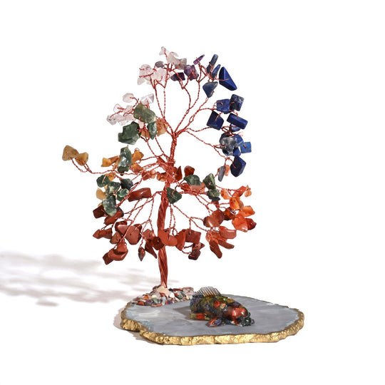 Livmore 150 Beads Gemstone Tree With Agate Base Owl Gemstone chips resin Figurine Size Tree Base - 8.5X7 Cm Size Tree- 20 Cms Figurine Size-3.5X5 Cm