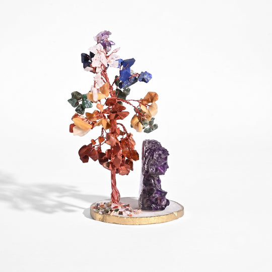 Livmore 150 Beads Gemstone Tree With Agate Base Owl Gemstone chips resin Figurine Size Tree Base - 8.5X7 Cm Size Tree- 20 Cms Figurine Size-3.5X5 Cm