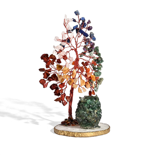 Livmore 150 Beads Gemstone Tree With Agate Base Owl Gemstone chips resin Figurine Size Tree Base - 8.5X7 Cm Size Tree- 20 Cms Figurine Size-3.5X5 Cm