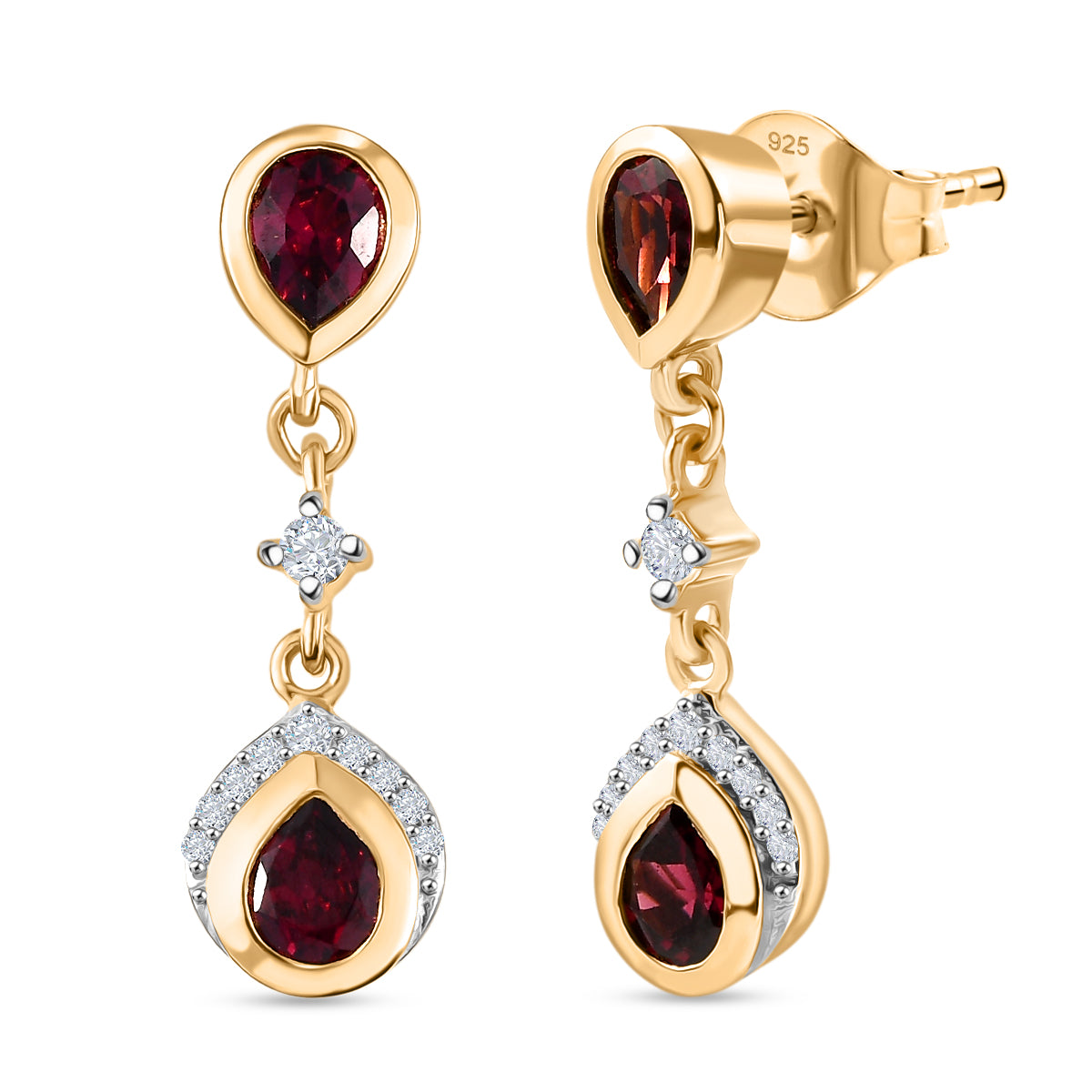D'Joy AA Natürlicher Rhodolith Granat, Weißer Zirkon Ohrringe 925 Silber 750 Gelb Vergoldet ca. 1,98 ct.