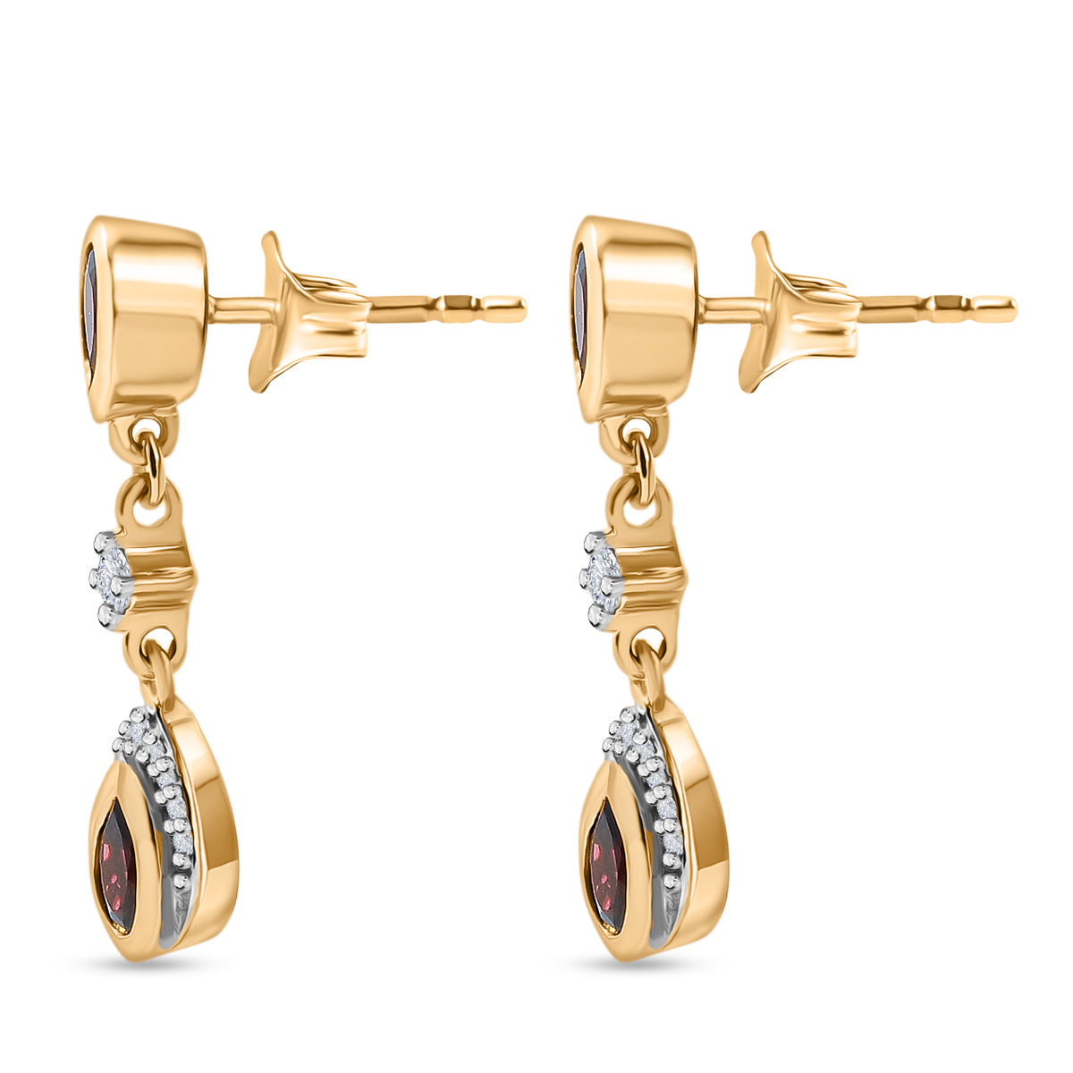 D'Joy AA Natürlicher Rhodolith Granat, Weißer Zirkon Ohrringe 925 Silber 750 Gelb Vergoldet ca. 1,98 ct.