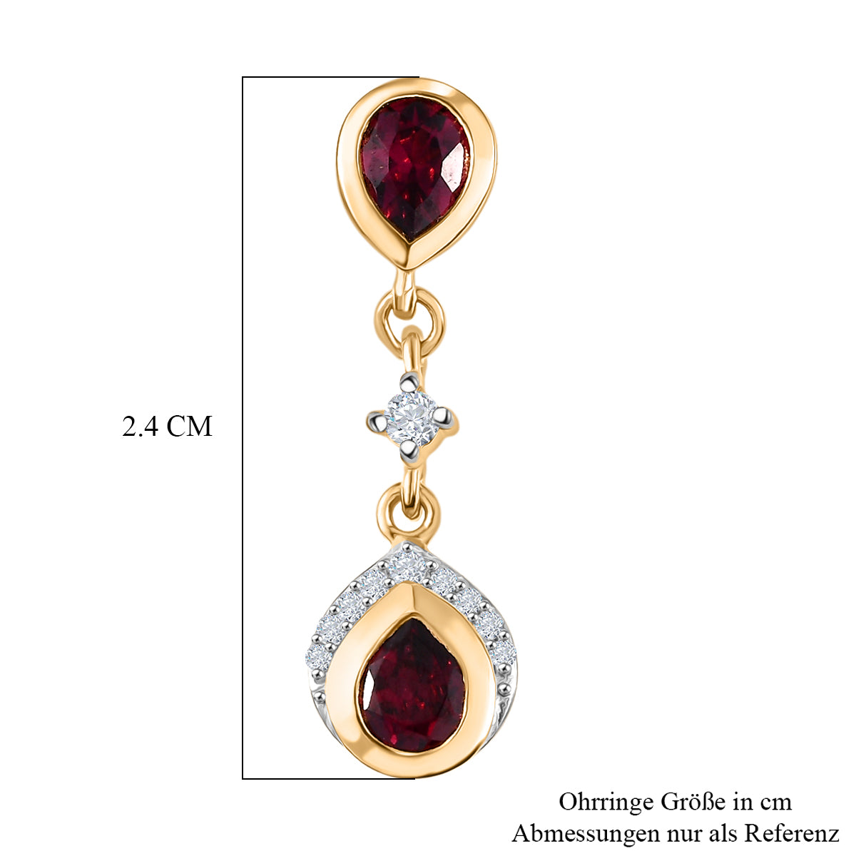 D'Joy AA Natürlicher Rhodolith Granat, Weißer Zirkon Ohrringe 925 Silber 750 Gelb Vergoldet ca. 1,98 ct.