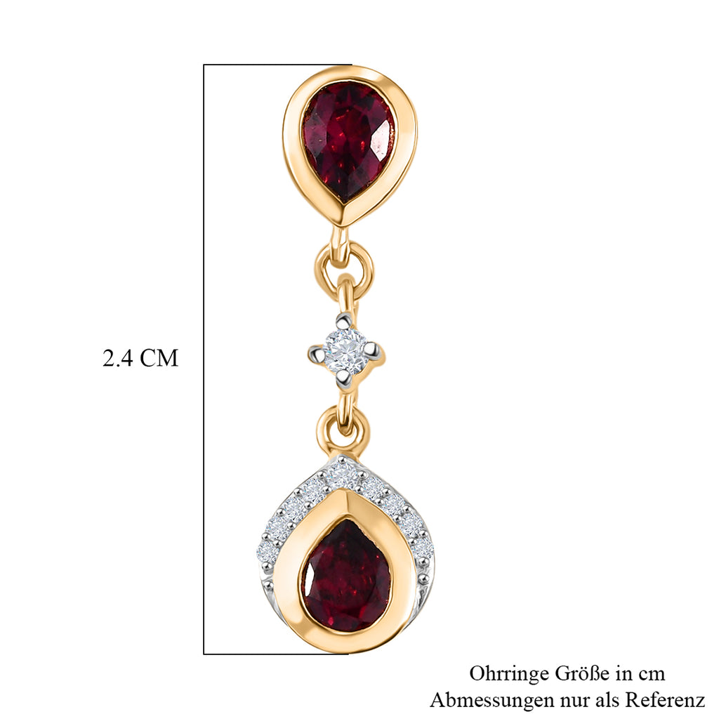 D'Joy AA Natürlicher Rhodolith Granat, Weißer Zirkon Ohrringe 925 Silber 750 Gelb Vergoldet ca. 1,98 ct.