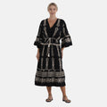 LA MAREY Baumwollkleid mit V Ausschnitt und elastischer Taille, Printdesign, Beige