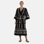 LA MAREY Baumwollkleid mit V Ausschnitt und elastischer Taille, Printdesign, Beige