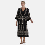 LA MAREY Baumwollkleid mit V Ausschnitt und elastischer Taille, Printdesign, Beige