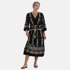 LA MAREY Baumwollkleid mit V Ausschnitt und elastischer Taille, Printdesign, Beige