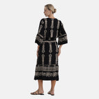 LA MAREY Baumwollkleid mit V Ausschnitt und elastischer Taille, Printdesign, Beige