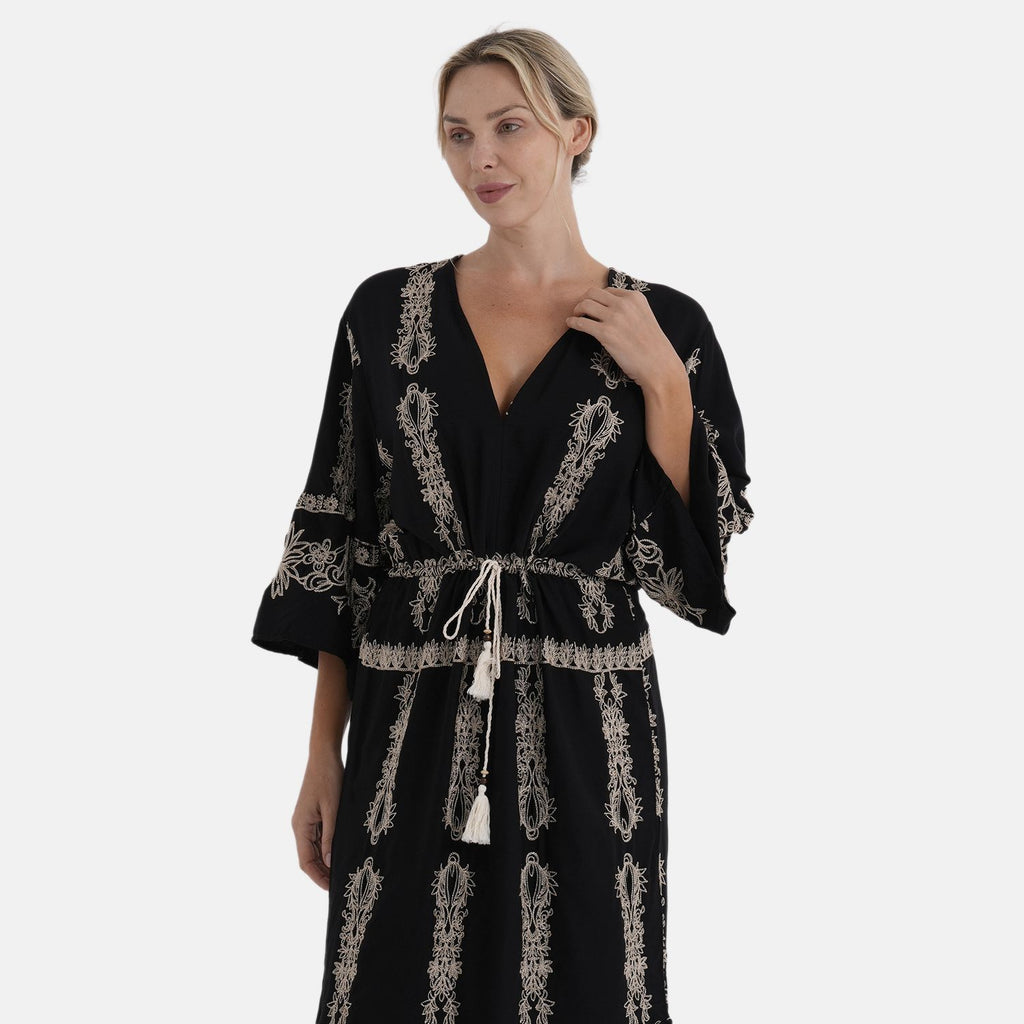 LA MAREY Baumwollkleid mit V Ausschnitt und elastischer Taille, Printdesign, Beige