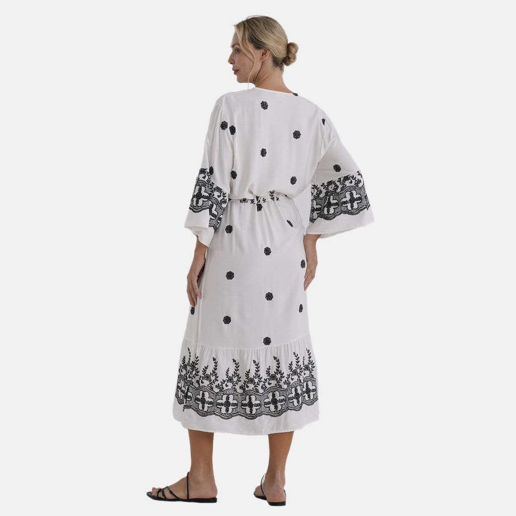 LA MAREY Baumwollkleid mit V Ausschnitt und elastischer Taille, Printdesign, 78 cm Brustweite, 128 cm Länge, bis zu Große XL, Schwarz