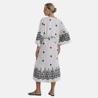 LA MAREY Baumwollkleid mit V Ausschnitt und elastischer Taille, Printdesign, 78 cm Brustweite, 128 cm Länge, bis zu Große XL, Schwarz