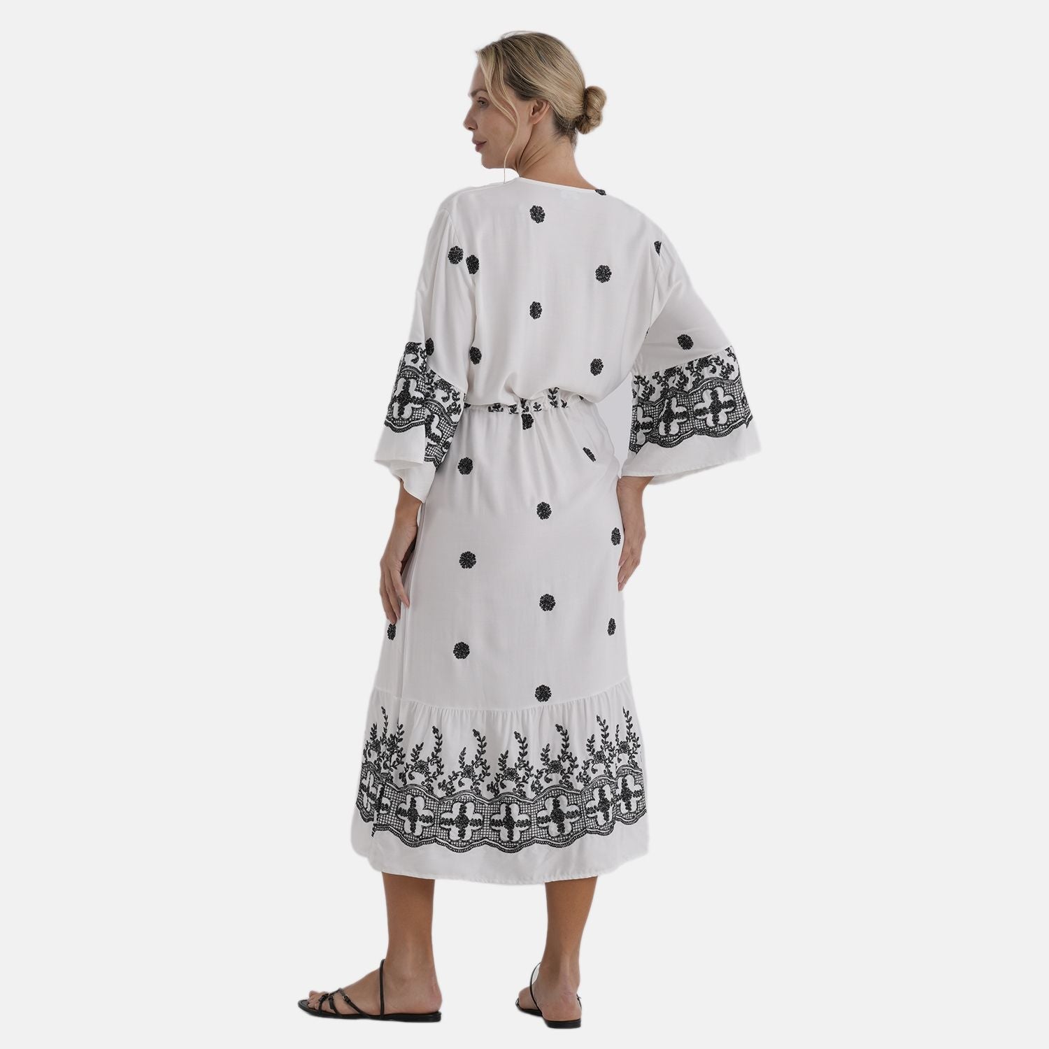 LA MAREY Baumwollkleid mit V Ausschnitt und elastischer Taille, Printdesign, 78 cm Brustweite, 128 cm Länge, bis zu Große XL, Schwarz