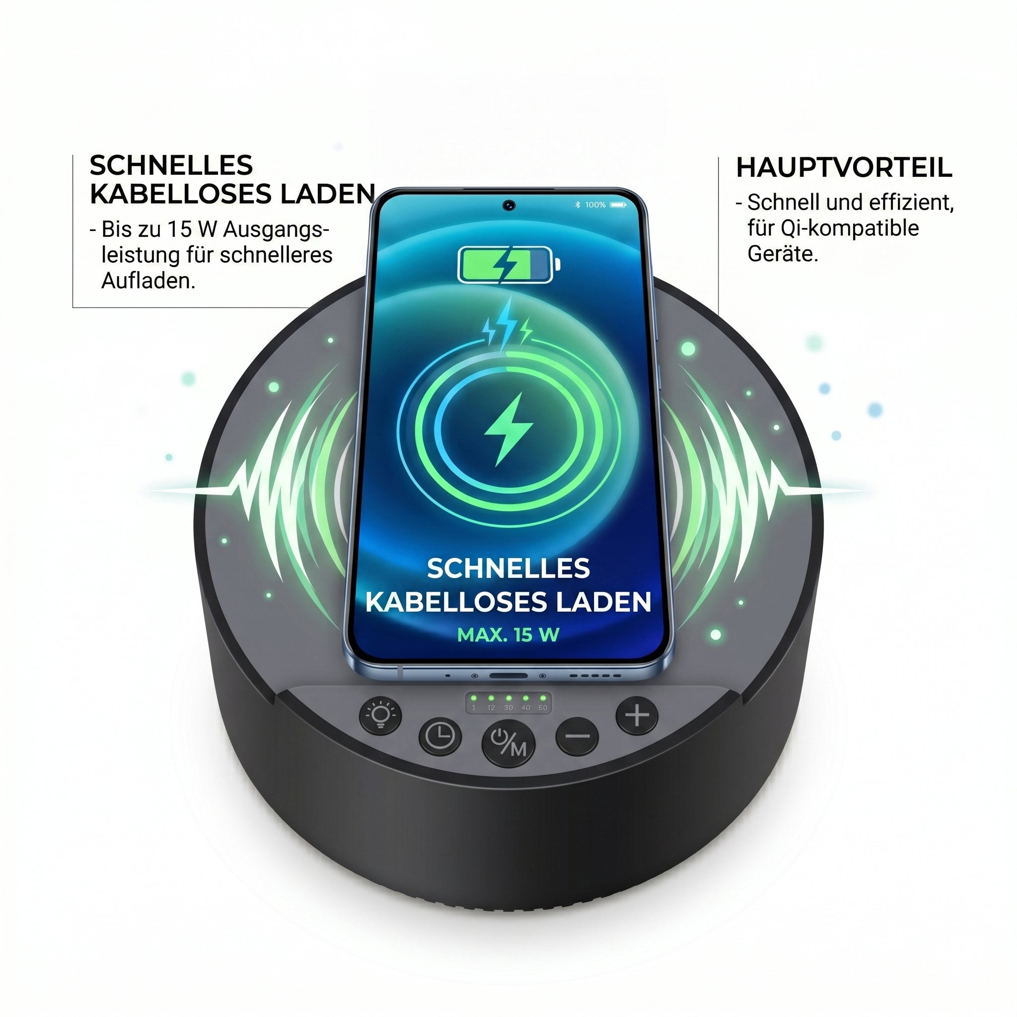 LIVMORE 5-in-1 Soundlight Lautsprecher mit Wireless Charger und RGB Licht, Schwarz