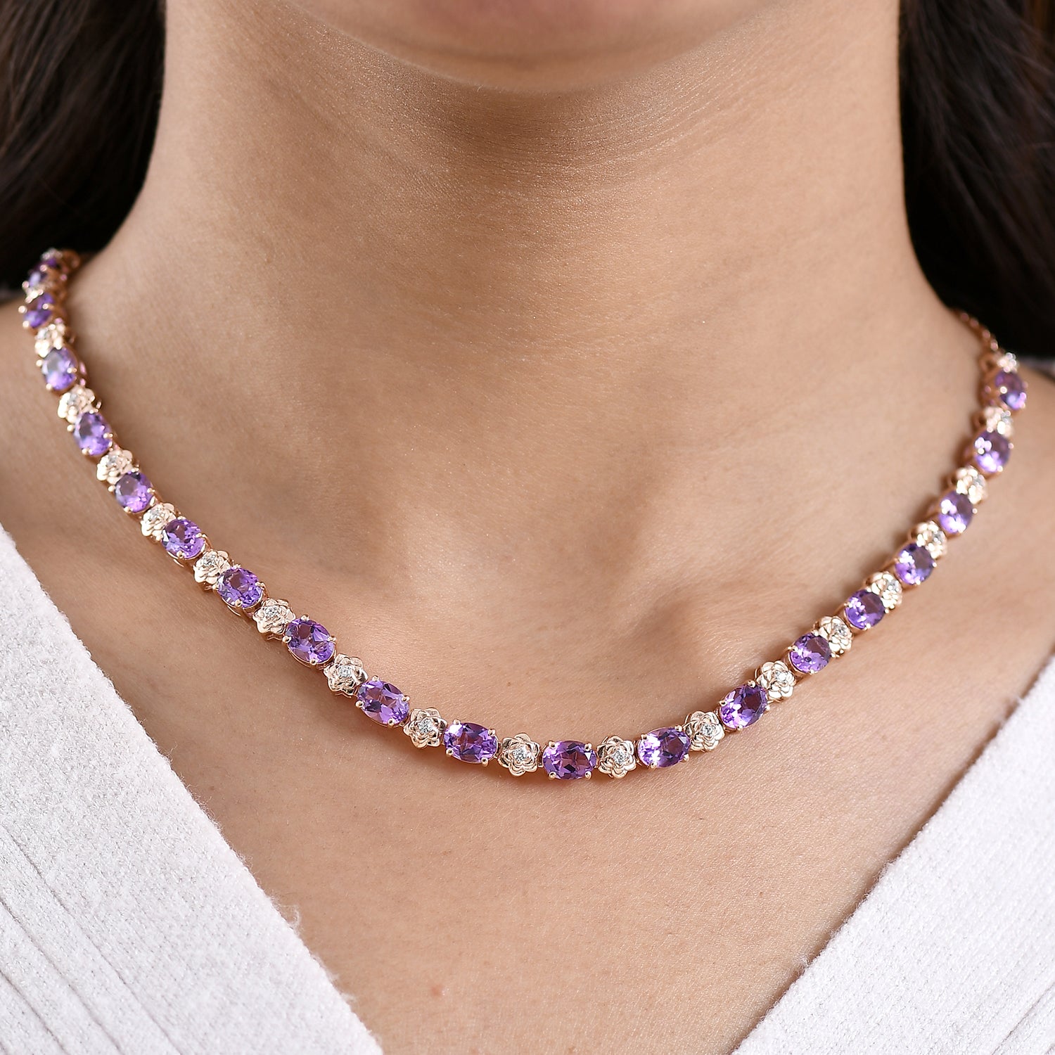 GP - AAA Rose De France Amethyst, Weißer Zirkon Halskette ca. 45 cm 925 Silber 750 Roségold Vermeil ca. 15,61 ct.