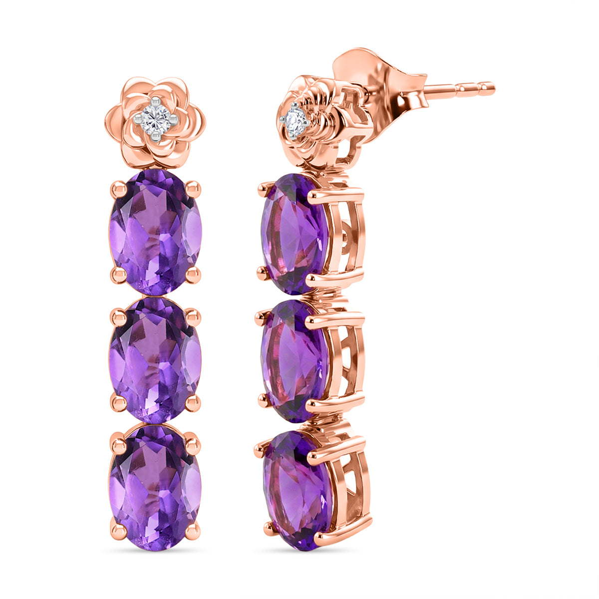 GP - AAA Rose De France Amethyst, Weißer Zirkon Ohrringe 925 Silber 750 Roségold Vermeil ca. 4,85 ct.