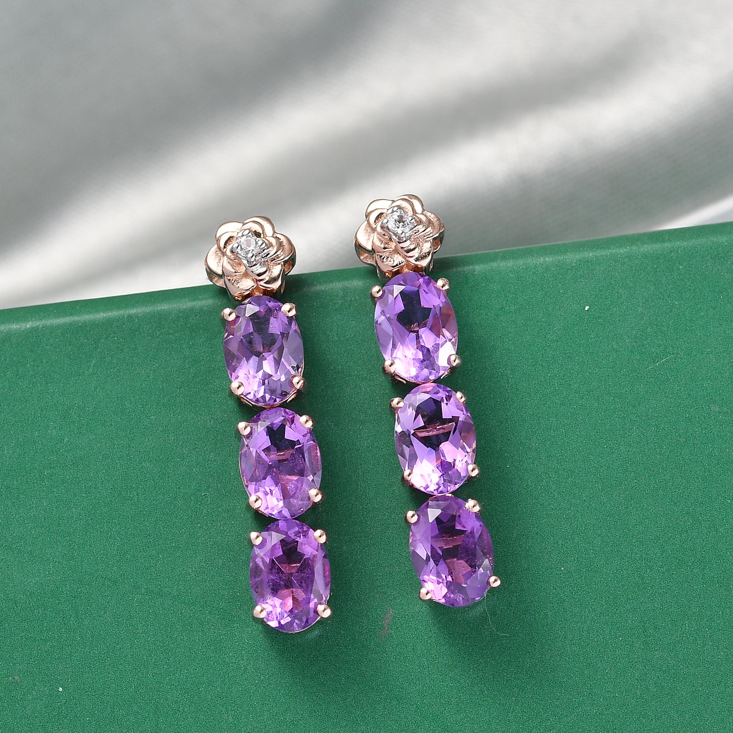 GP - AAA Rose De France Amethyst, Weißer Zirkon Ohrringe 925 Silber 750 Roségold Vermeil ca. 4,85 ct.
