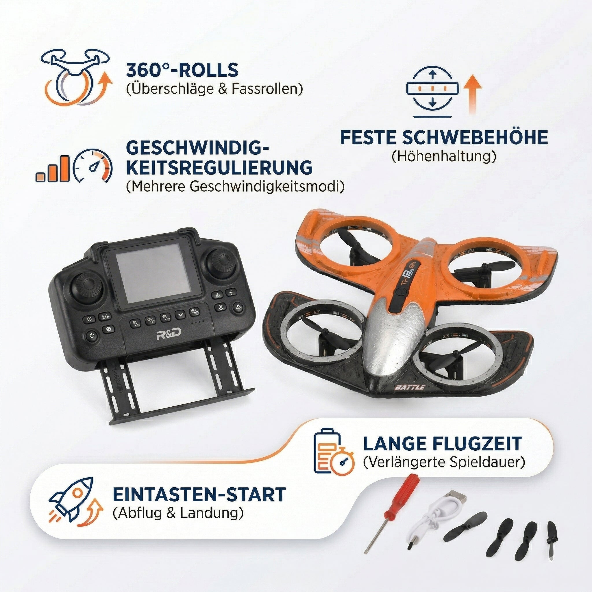 Flight 360° ROLL SPEED REGULATION VERY LONG ENDURANCE FIXED HEIGHT HOVER REMOTE CONTROL ONE KEYLIFT