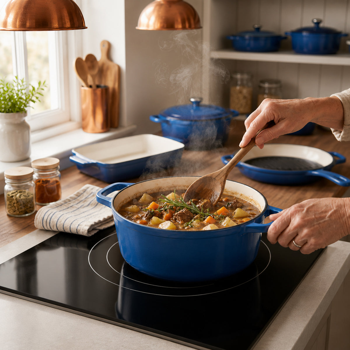 LIVMORE - 9-teiliges Gourmet-Set aus Gusseisen: Topf 20 cm, Dual-Topf 26, ovaler Bräter 28 x 22, Bräter 30 x 21, Pfanne 16, Untersetzer, Rot
