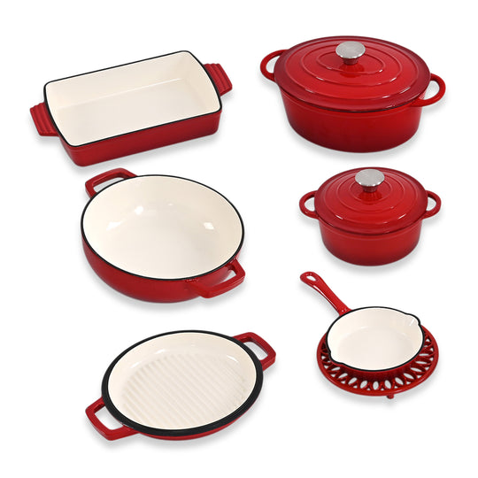 LIVMORE - 9-teiliges Gourmet-Set aus Gusseisen: Topf 20 cm, Dual-Topf 26, ovaler Bräter 28 x 22, Bräter 30 x 21, Pfanne 16, Untersetzer, Rot