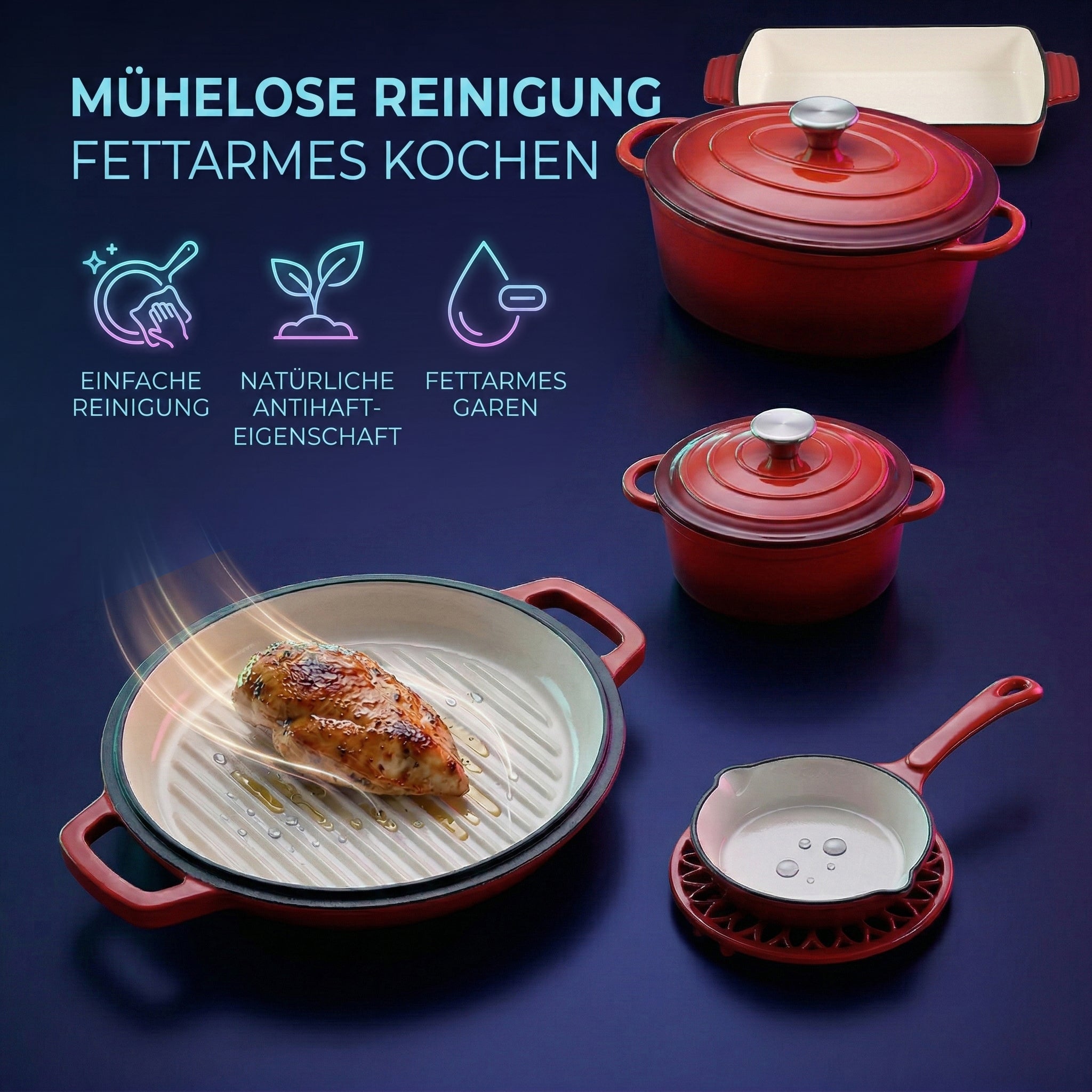 20cm  Cast Iron Pot                     28x22 Oval Cast Iron Pot            26cm Dual Cast Iron Pot  30x21cm Cast Iron Roaster                                  16cm Cast Iron Fry Pan                      Trivet Color:Red Material:cast iron