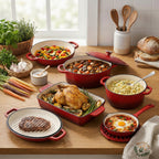 20cm  Cast Iron Pot                     28x22 Oval Cast Iron Pot            26cm Dual Cast Iron Pot  30x21cm Cast Iron Roaster                                  16cm Cast Iron Fry Pan                      Trivet Color:Red Material:cast iron