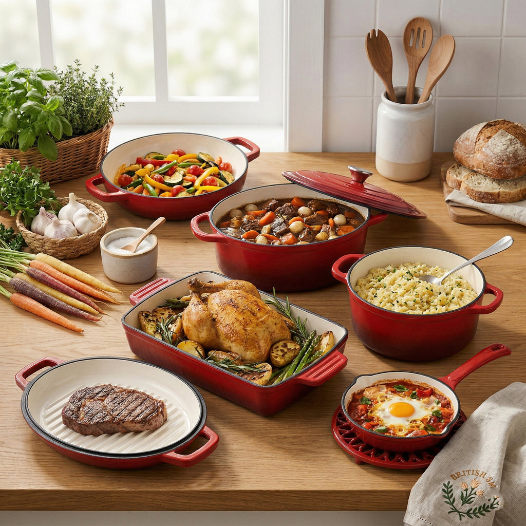 20cm  Cast Iron Pot                     28x22 Oval Cast Iron Pot            26cm Dual Cast Iron Pot  30x21cm Cast Iron Roaster                                  16cm Cast Iron Fry Pan                      Trivet Color:Red Material:cast iron