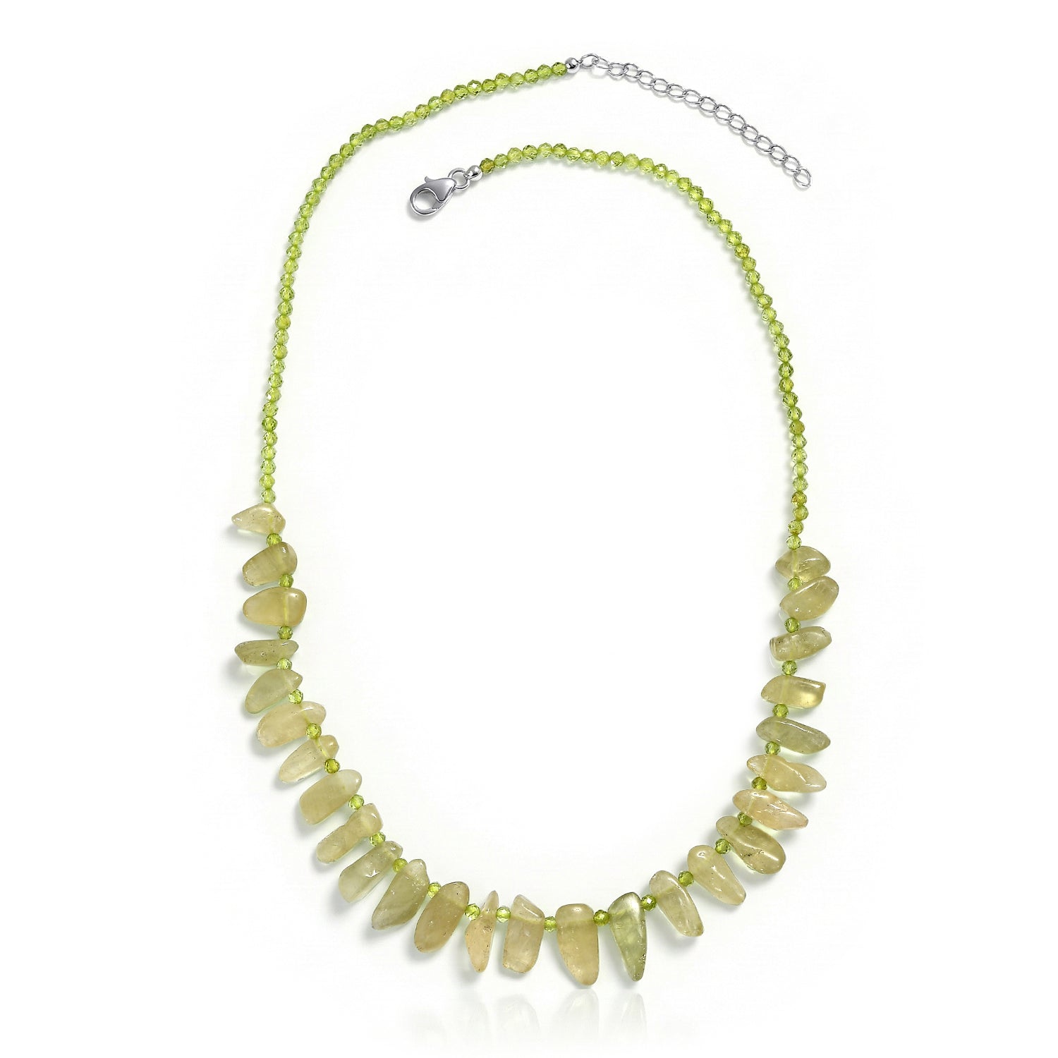 D'Joy Natürlicher grüner Kunzit, Peridot Halskette ca. 45 cm + 5 cm Extender, 925 Silber rhodiniert ca. 110,00 ct.