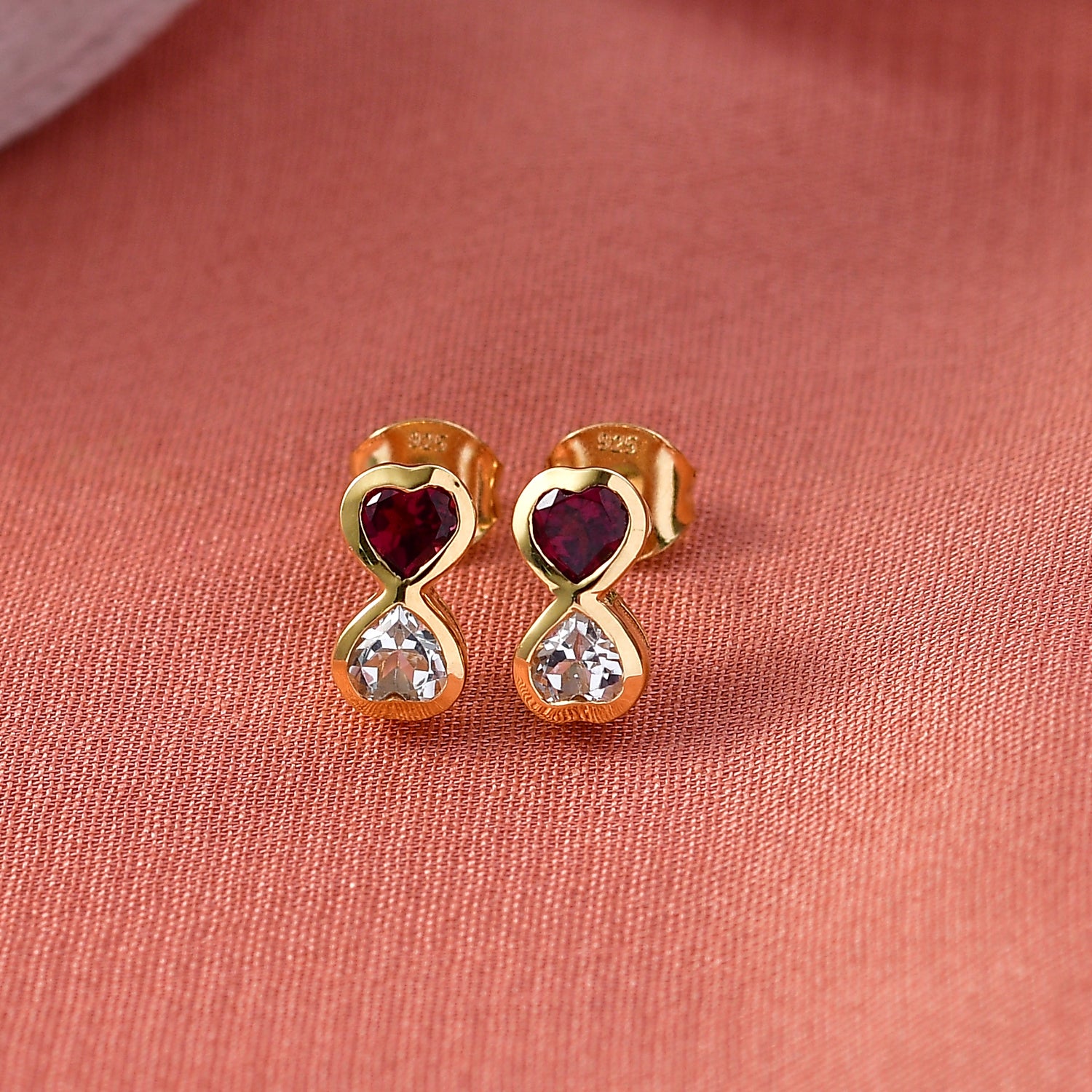 D'Joy AA Weißer Topas, Natürlicher Rhodolith Granat Ohrringe 925 Silber 750 Gelb Vergoldet ca. 1,34 ct.