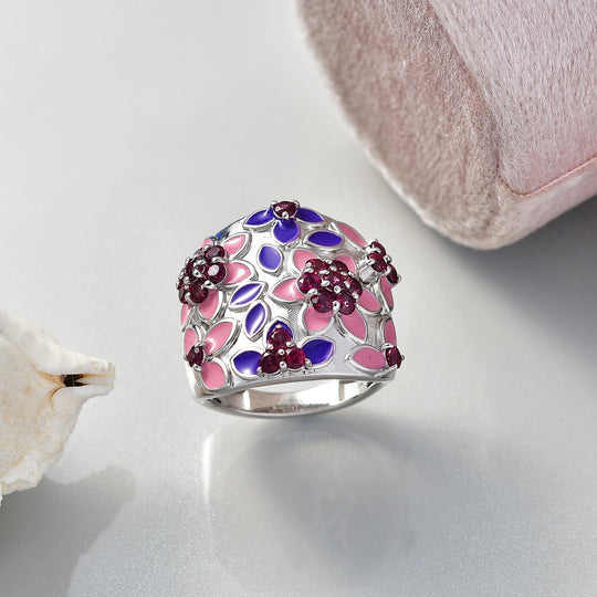 D'Joy - Majestätische Blüten AA Natürlicher Rhodolith Granat Ring 925 Silber rhodiniert (Größe 18.00) ca. 1.66 ct