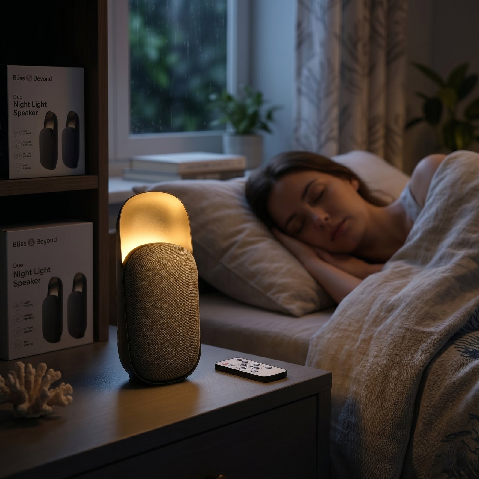 5IN1 Natural Sound + Bluetooth Speaker +Night light +Human sensor and Remote Control Specification 1.Speaker Output: 15W, 66MM 2.Battery: 2400mAh LI-ion Battery, 3.7V 3.Bluetooth:V5.3 4.Led Lights: 9PCS(Warm) Item size: 110X92X250MM Function 1.Bluetooth