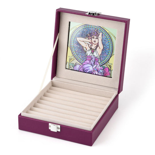 LIVMORE Designer-Ringbox mit handbemaltem Glasfenster im Art-Deco-Design, 16 x 16 x 6 cm, Lila