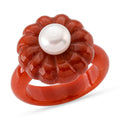 Burmesischer Rote Jadeit Jade, Weiße Süßwasser Perle (5-5.5mm) Ring (Größe 17.00) (10-15 Werktage Lieferzeit)