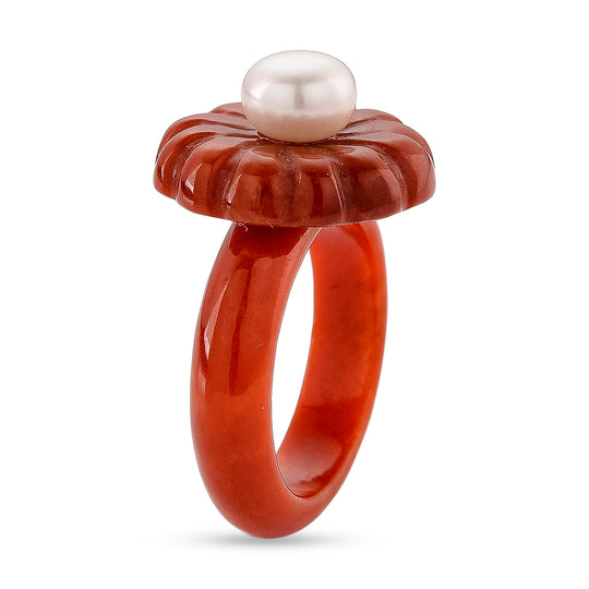 Burmesischer Rote Jadeit Jade, Weiße Süßwasser Perle (5-5.5mm) Ring (Größe 17.00) (10-15 Werktage Lieferzeit)