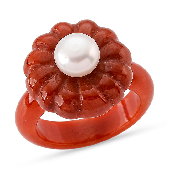 Burmesischer Rote Jadeit Jade, Weiße Süßwasser Perle (5-5.5mm) Ring (Größe 17.00) (10-15 Werktage Lieferzeit)