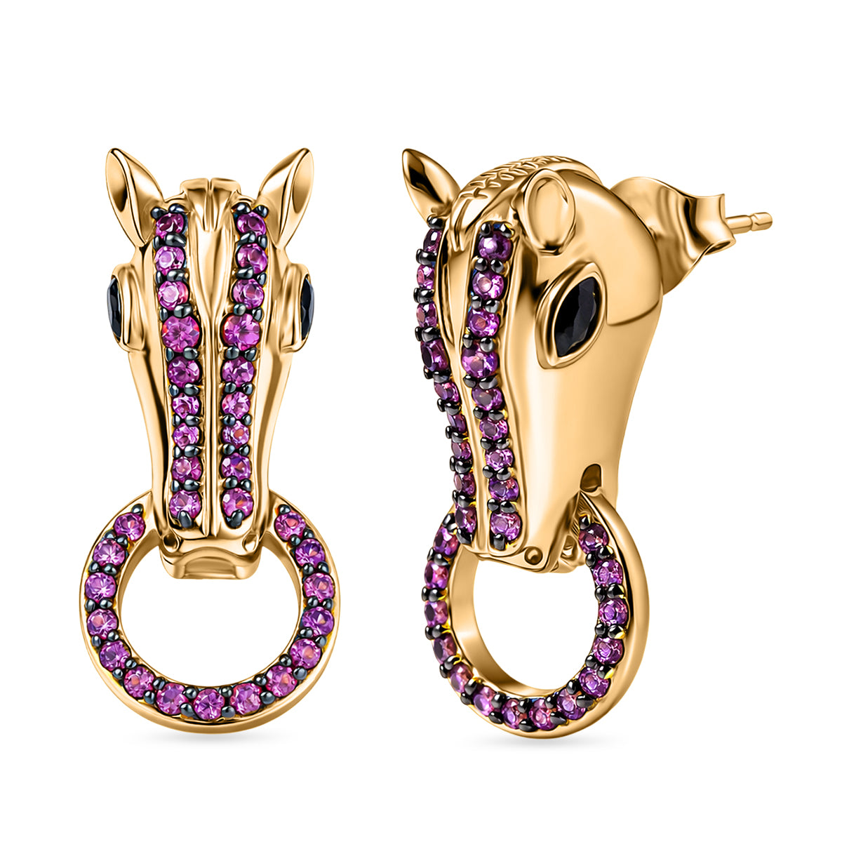 GP - Schwarzer Spinell, Natürlicher Rhodolith Granat Ohrringe 925 Silber 750 Gelbgold Vermeil ca. 1,39 ct.