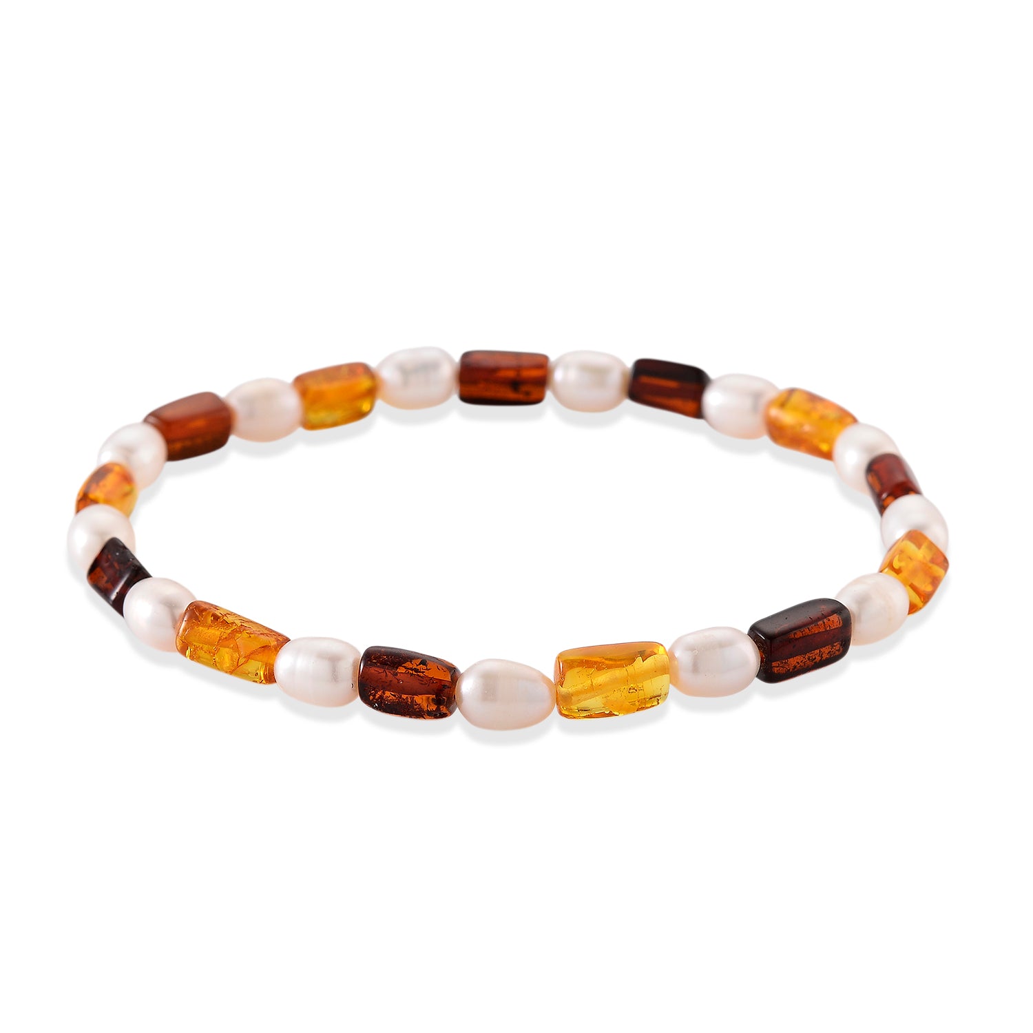 Natürlicher Baltischer Bernstein, Weiße Süßwasser Perle (6-8mm) Armband Flexibles (ca. 18-19 cm)