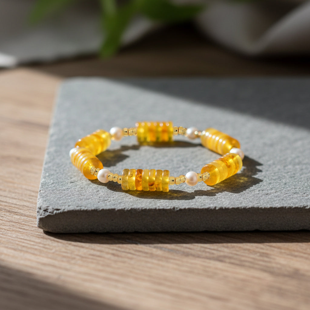 Bernstein, Weiße Süßwasser Perle (4-5mm) Armband, flexibel, 33.00 ct