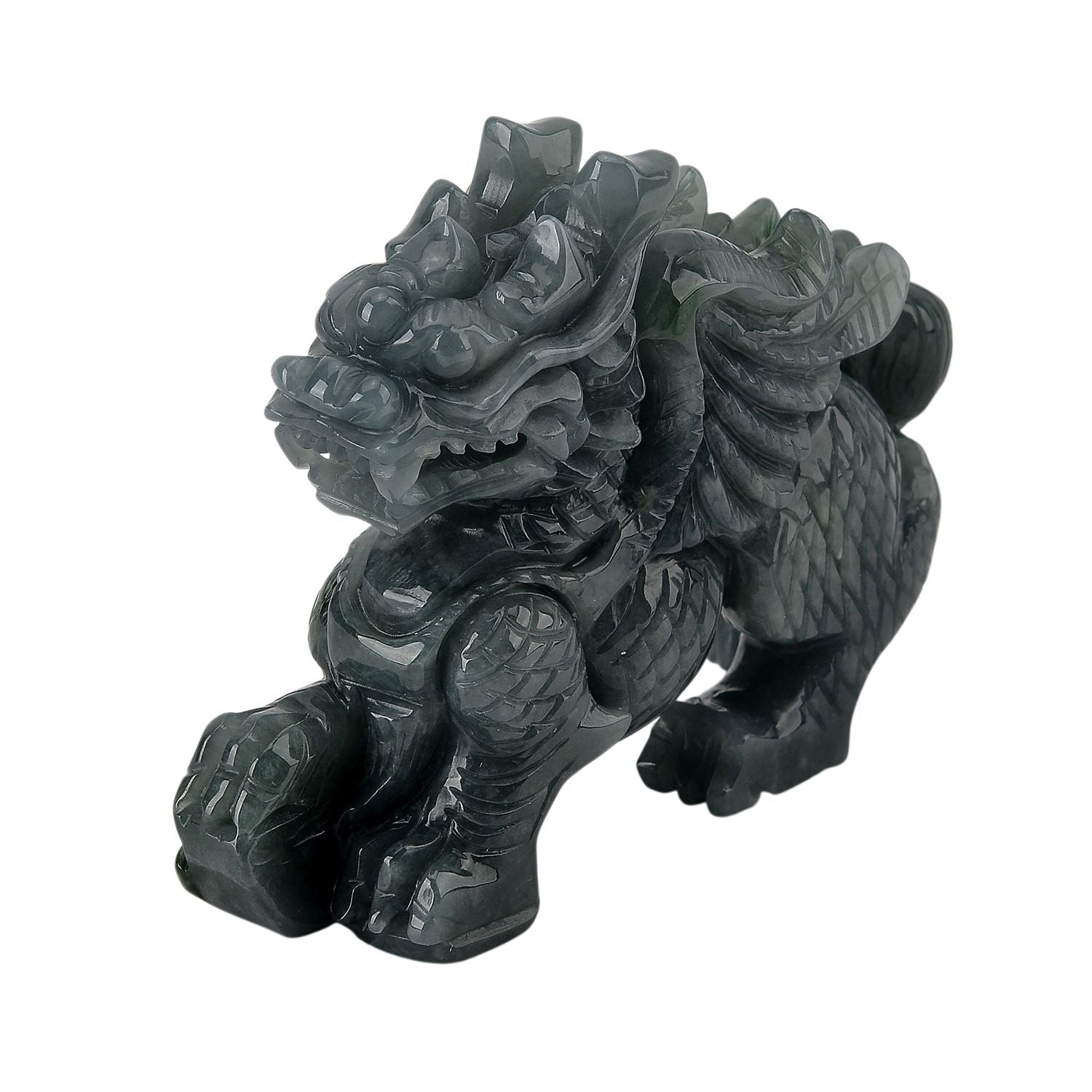 Qi-Lin Figur aus Olmec Jadeit, naturbelassene Schnitzarbeit, ca. 8-9 cm