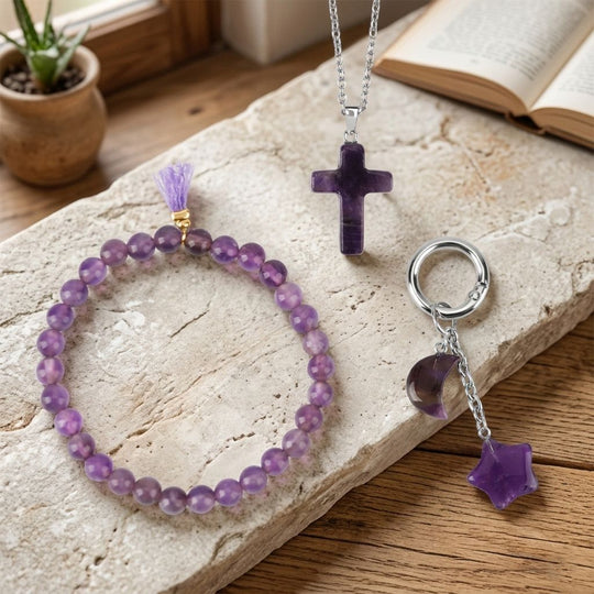 3er Set Rosenquarz Schmuckset mit Schlüsselanhänger Armband und Halskette